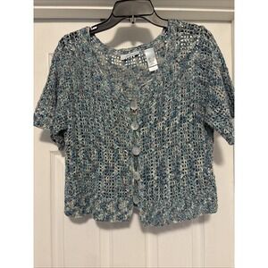 Women's Crochet Knit Cardigan Sweater Blue Cream Boho Artsy Linen Cotton Sz L